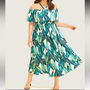 Tropical Pocket Ruffle Split Hem Halter Off Shoulder Dress